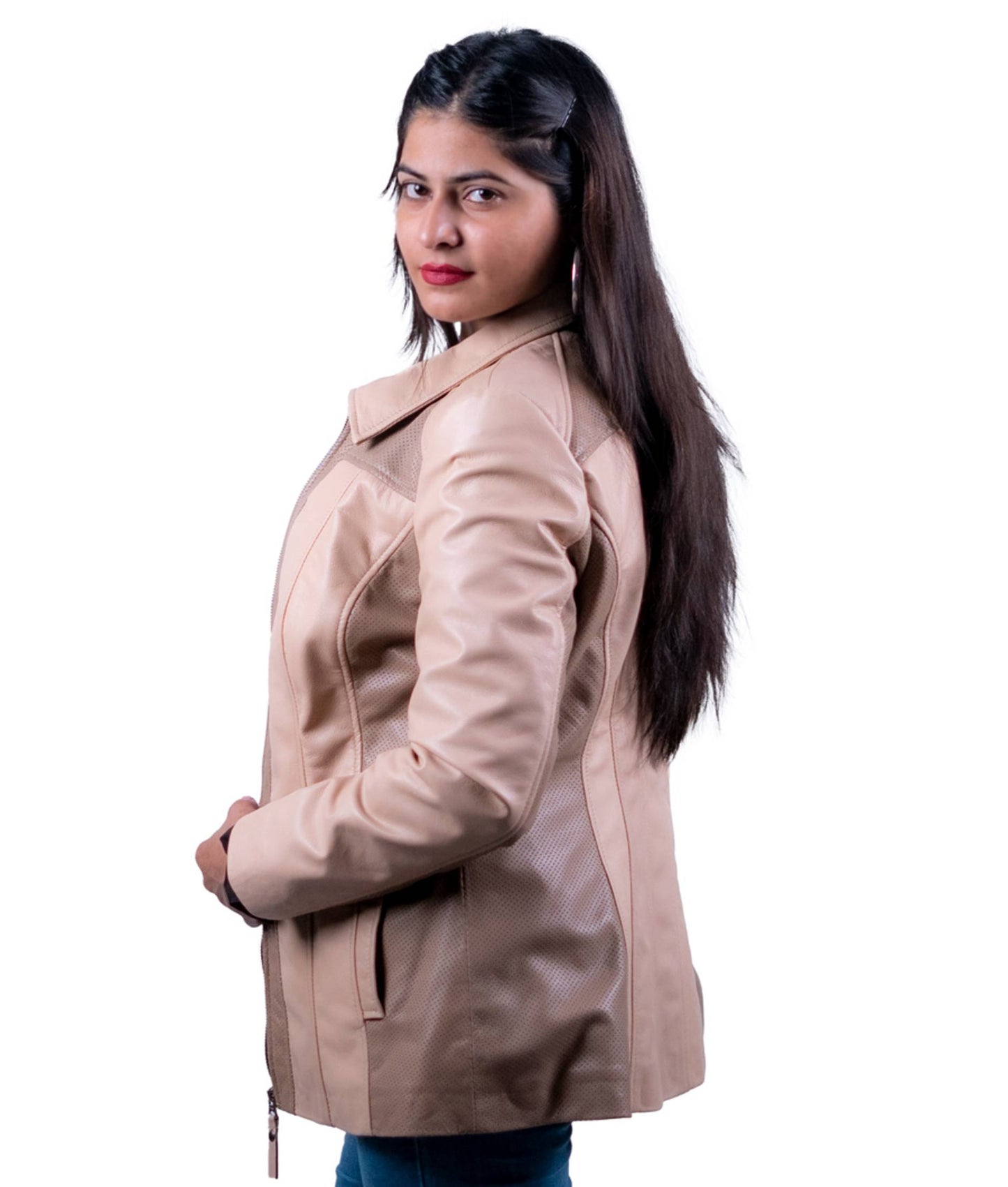 43 - Women’s Beige Leather Jacket with Perforated Panels – Versatile Elegance