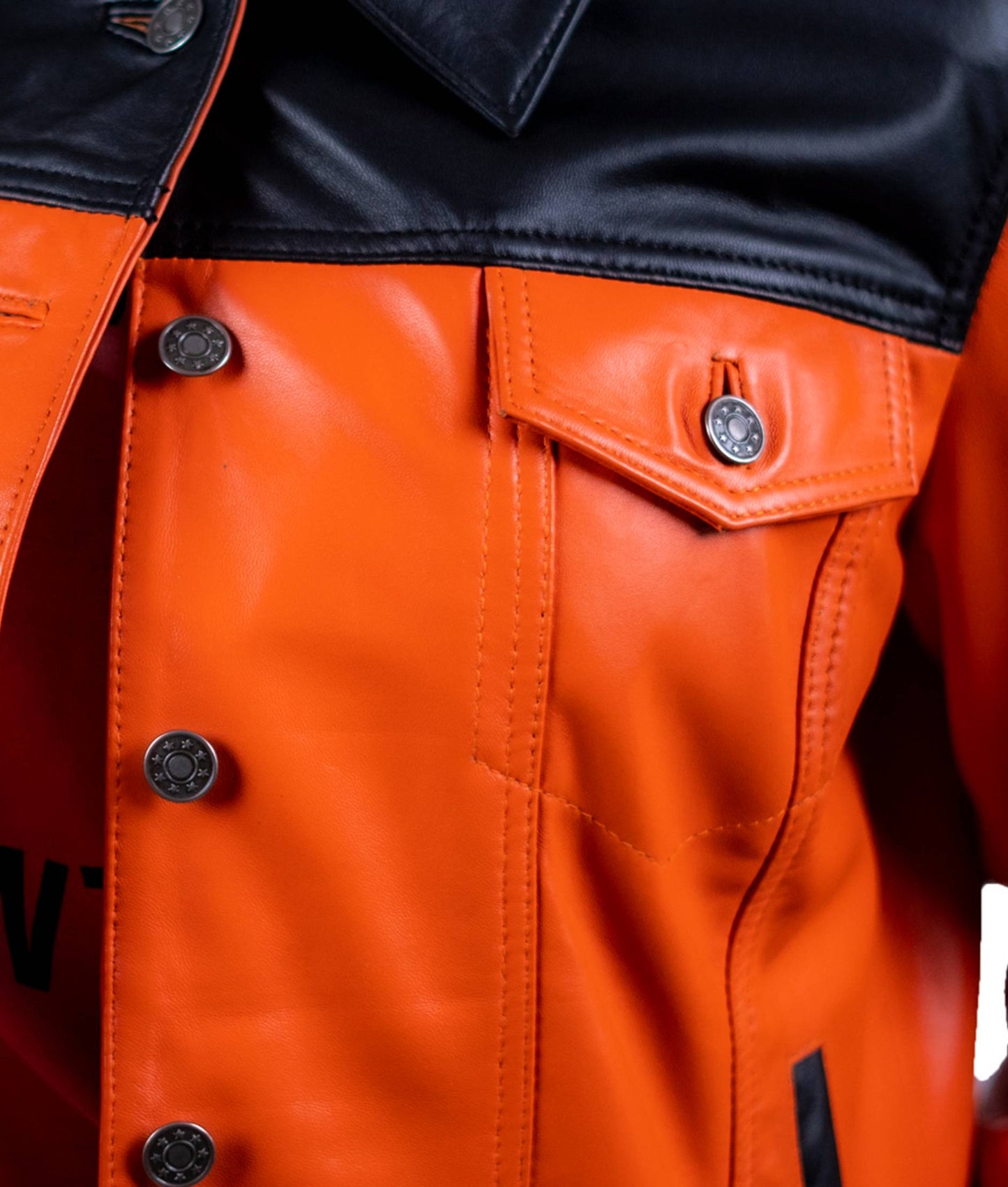 44 - Women’s Orange & Black Colorblock Leather Jacket – Bold Statement