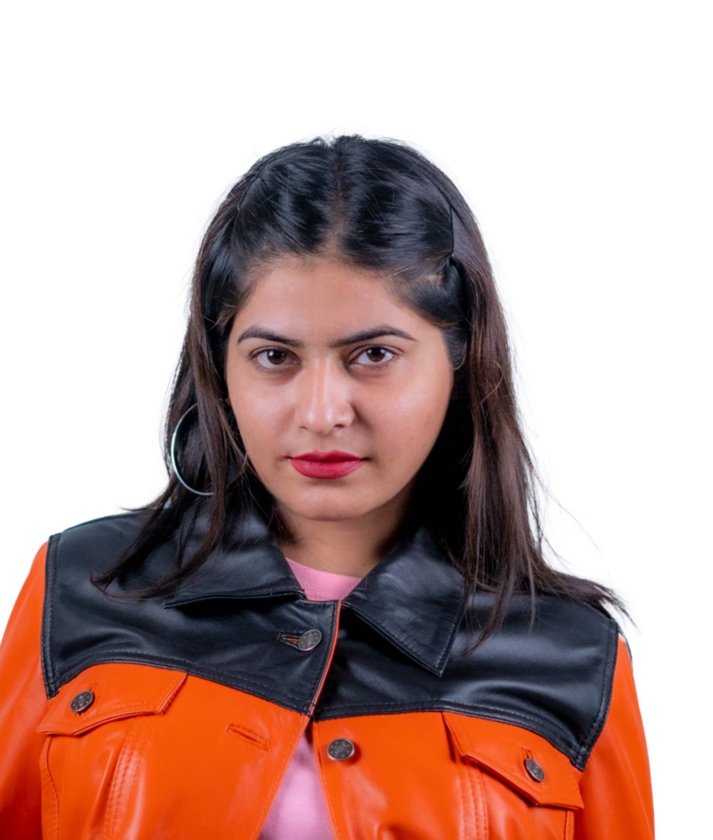 44 - Women’s Orange & Black Colorblock Leather Jacket – Bold Statement