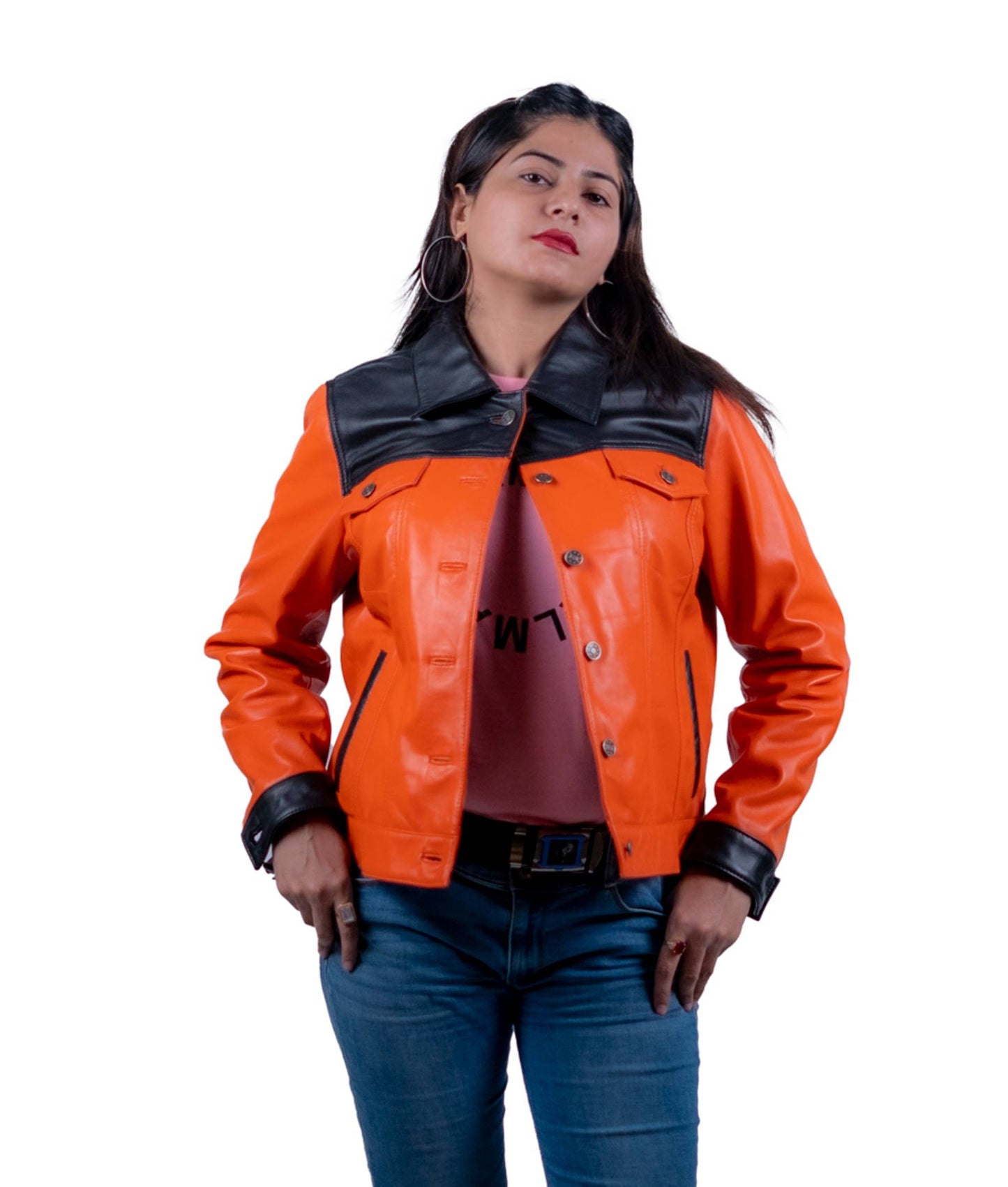 44 - Women’s Orange & Black Colorblock Leather Jacket – Bold Statement