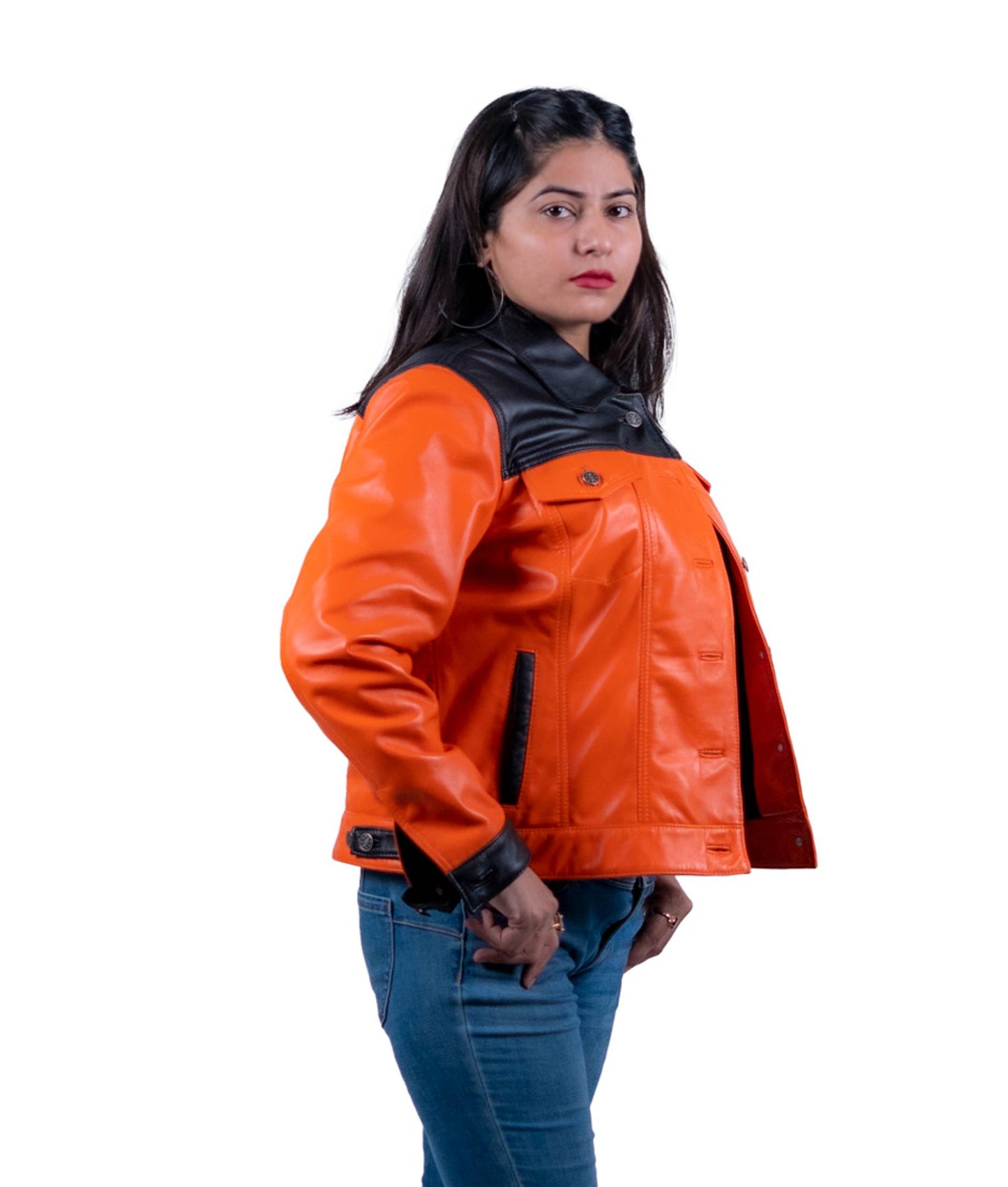 44 - Women’s Orange & Black Colorblock Leather Jacket – Bold Statement