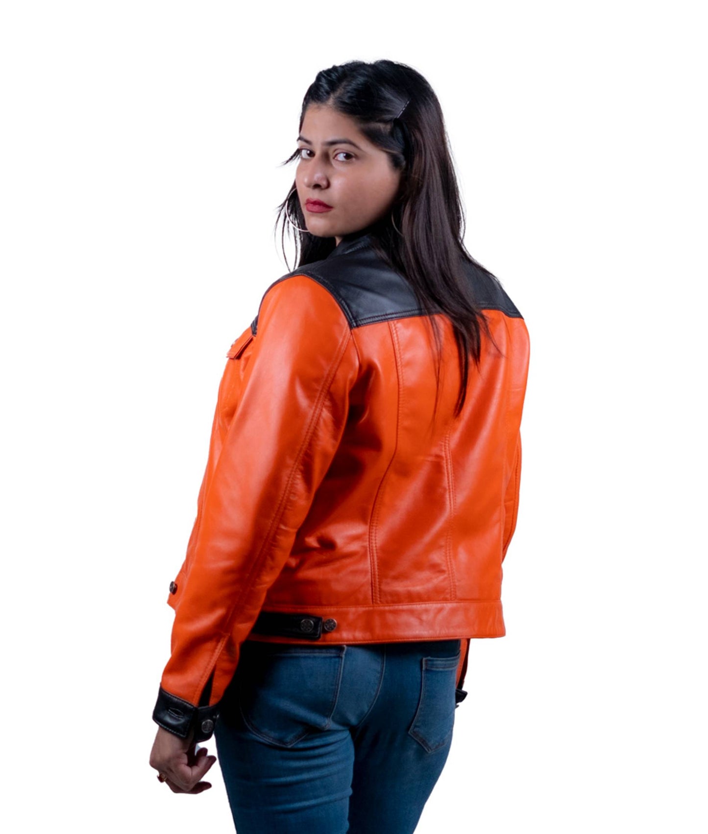 44 - Women’s Orange & Black Colorblock Leather Jacket – Bold Statement