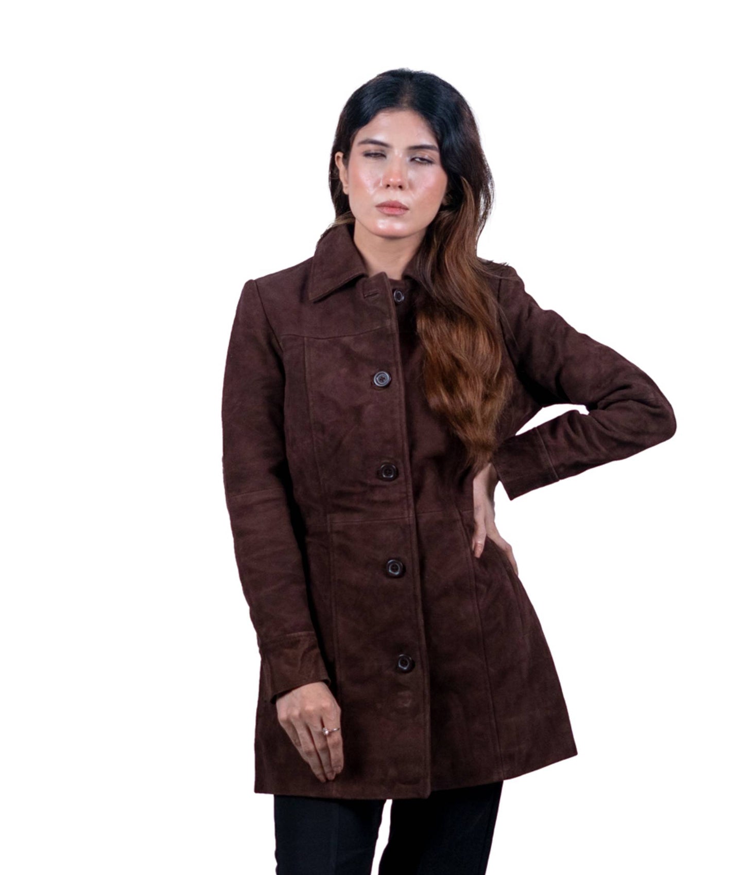45 - Women’s Brown Suede Long Winter Coat – Soft & Sophisticated