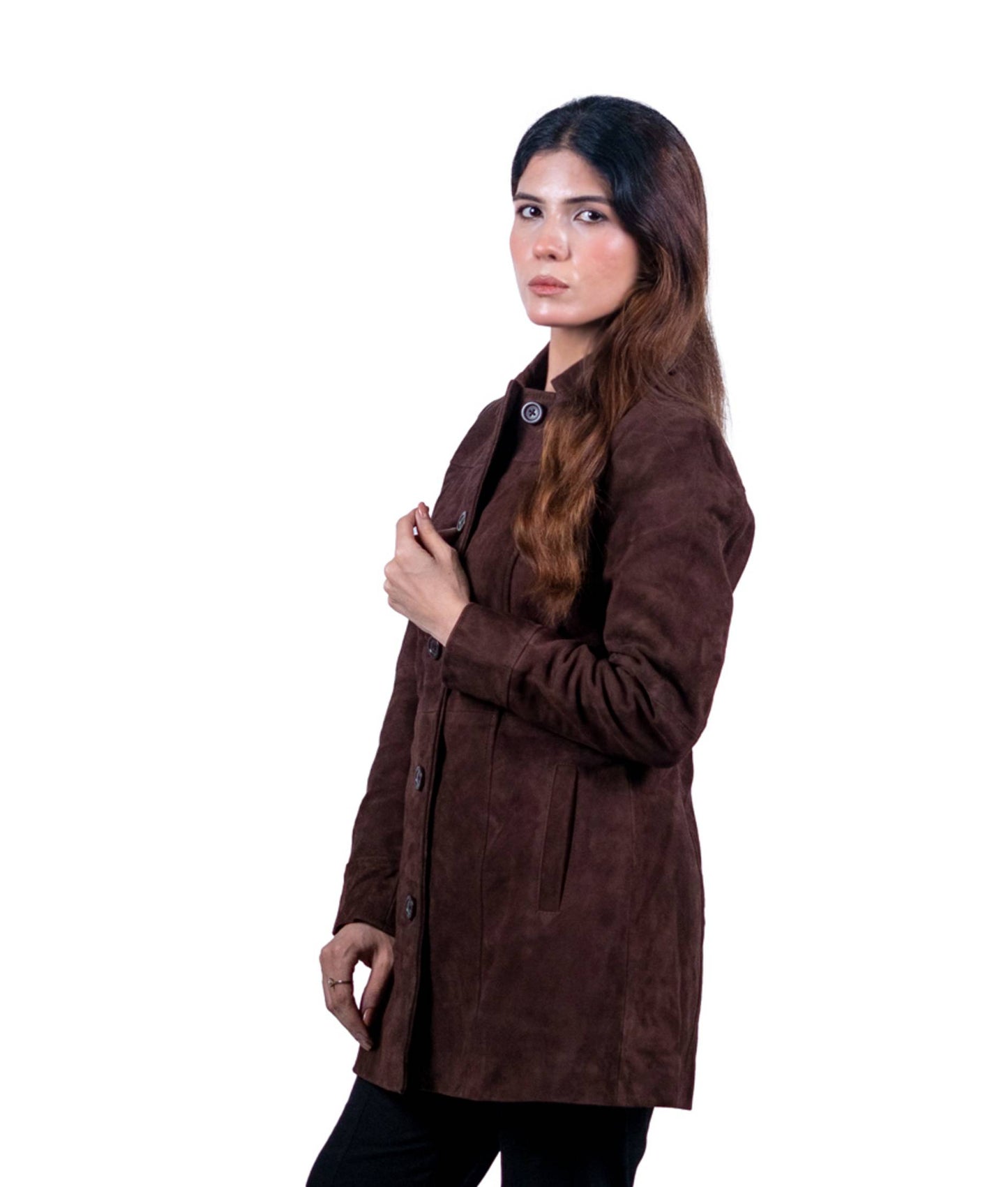 45 - Women’s Brown Suede Long Winter Coat – Soft & Sophisticated
