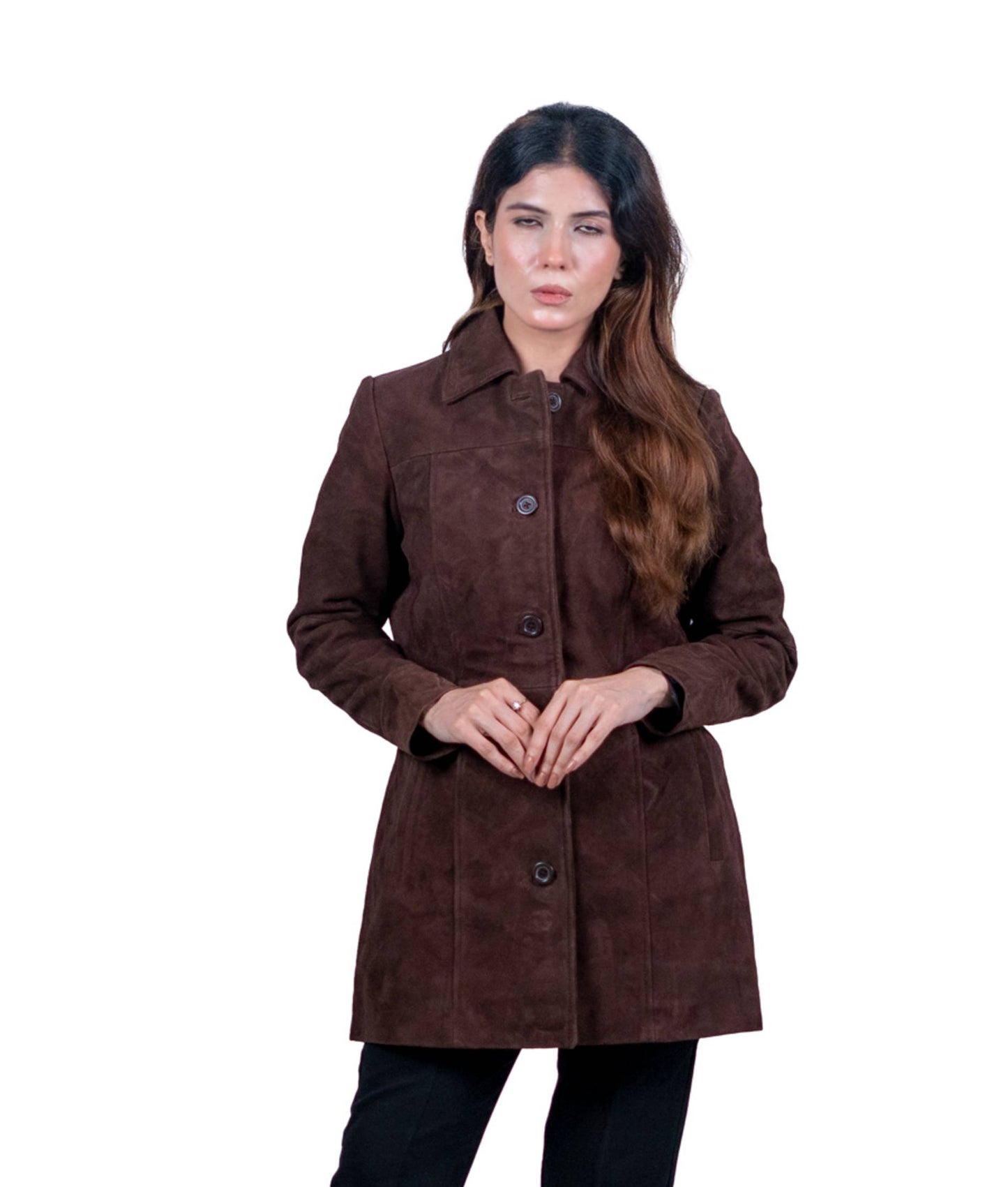 45 - Women’s Brown Suede Long Winter Coat – Soft & Sophisticated