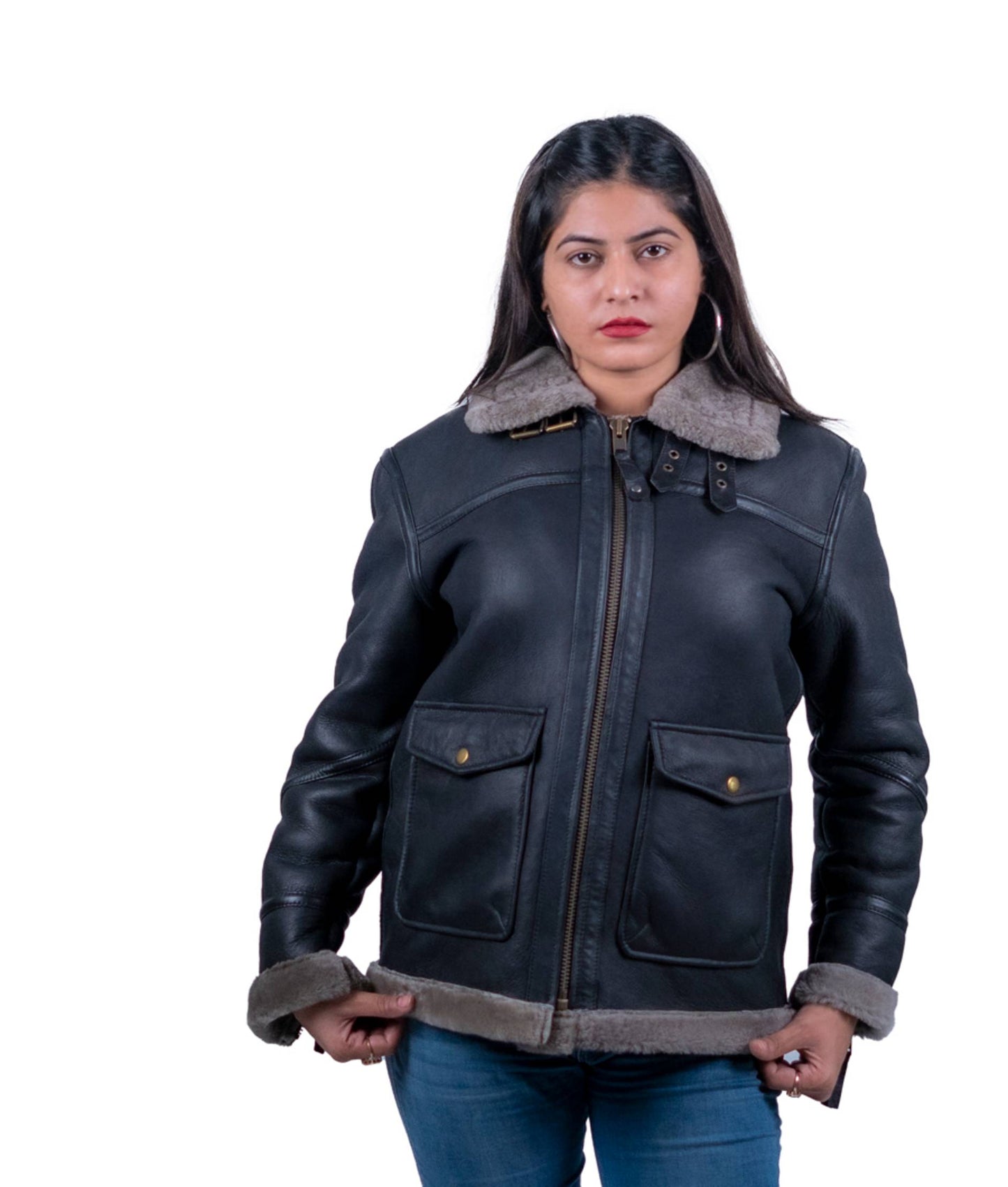 46 - Women’s Black Shearling Lined Aviator Leather Jacket – Vintage Warmth