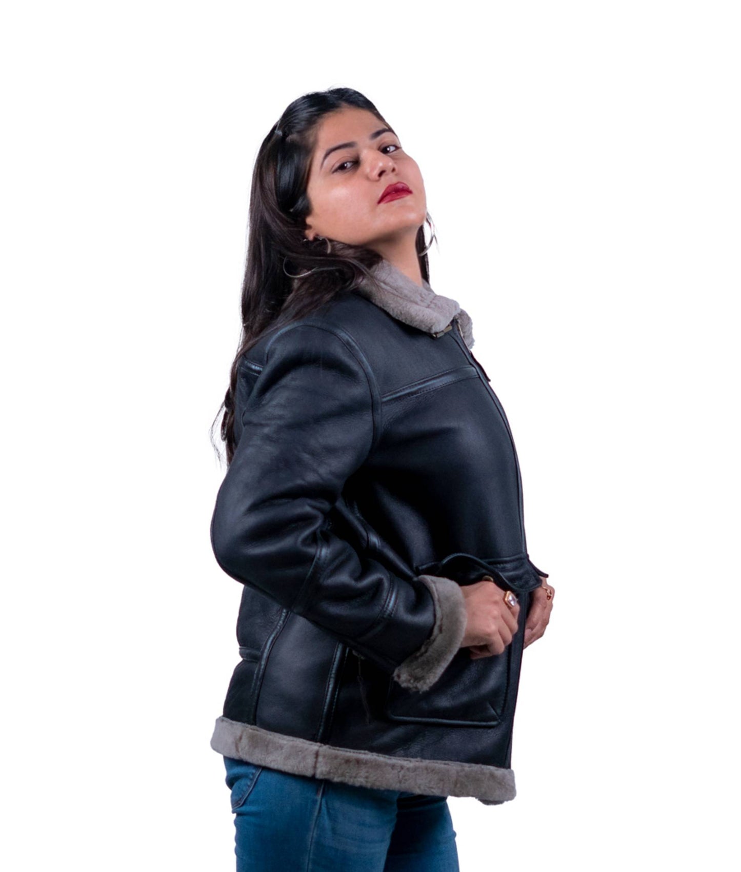 46 - Women’s Black Shearling Lined Aviator Leather Jacket – Vintage Warmth