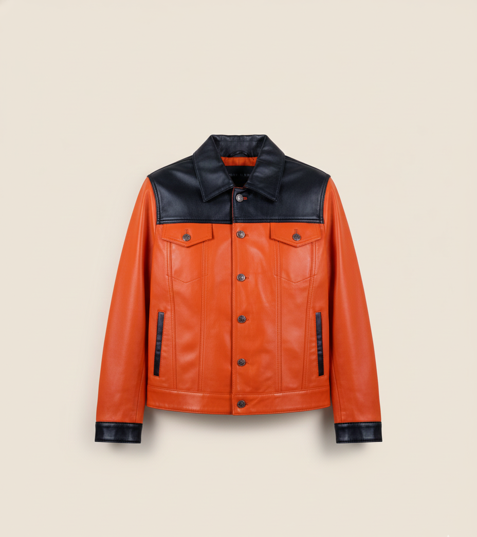 44 - Women’s Orange & Black Colorblock Leather Jacket – Bold Statement