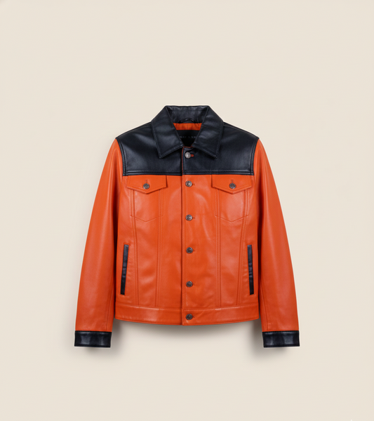 44 - Women’s Orange & Black Colorblock Leather Jacket – Bold Statement
