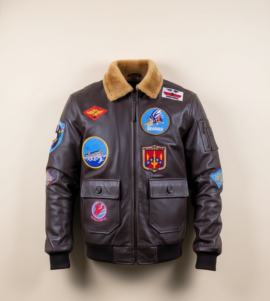 75 - Brown Aviator Bomber Jacket – Military Patch Edition