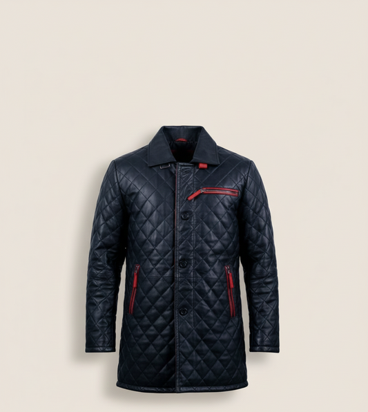 78 – Gesteppte schwarze lange Jacke – Red Zip Streetwear Edition