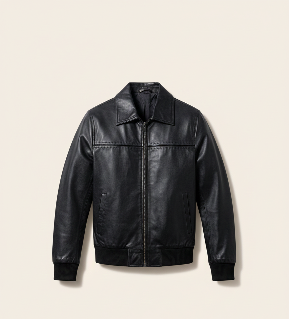 57 – Klassische schwarze Bomber-Lederjacke für Herren – Gerippter Saum und Bündchen