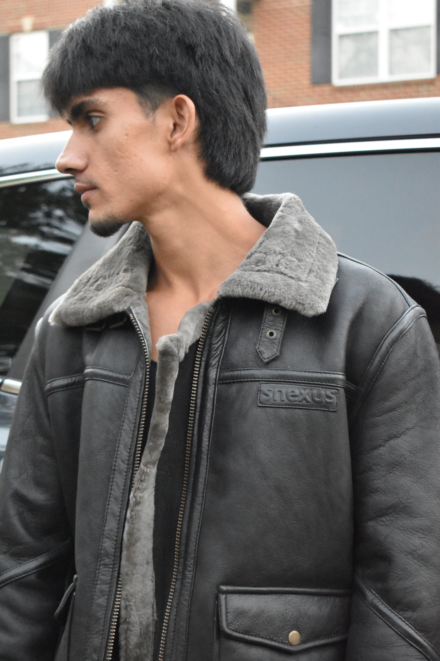 67 - Classic Black Aviator Shearling Jacket – Ash Grey Fur Trim Edition