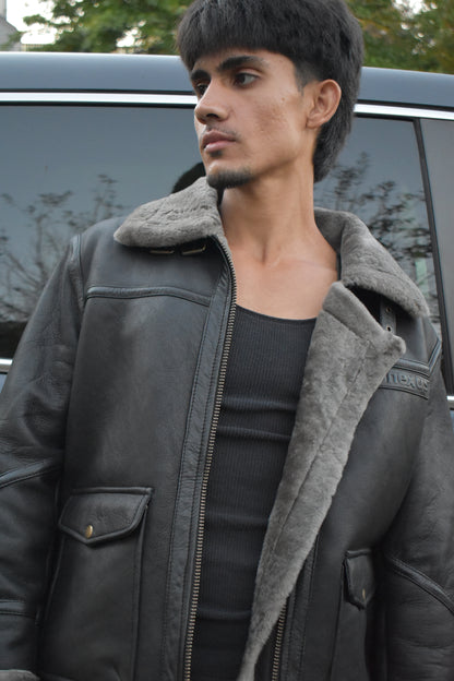 67 - Classic Black Aviator Shearling Jacket – Ash Grey Fur Trim Edition
