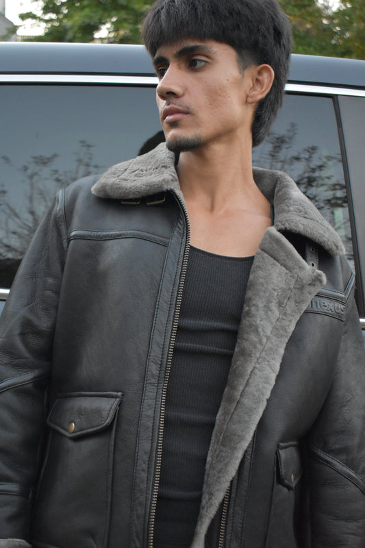 67 - Classic Black Aviator Shearling Jacket – Ash Grey Fur Trim Edition