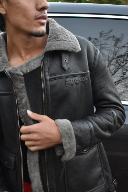 67 - Classic Black Aviator Shearling Jacket – Ash Grey Fur Trim Edition