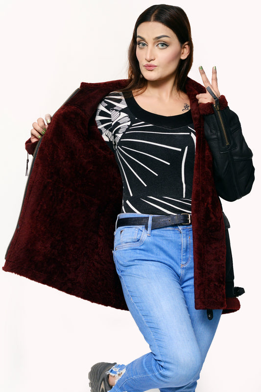 144 - Black & Maroon Shearling Bomber Jacket