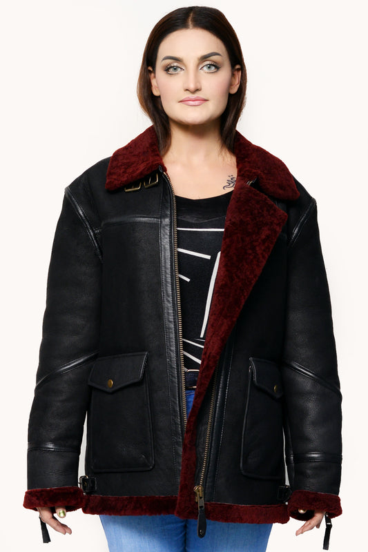 144 - Black & Maroon Shearling Bomber Jacket