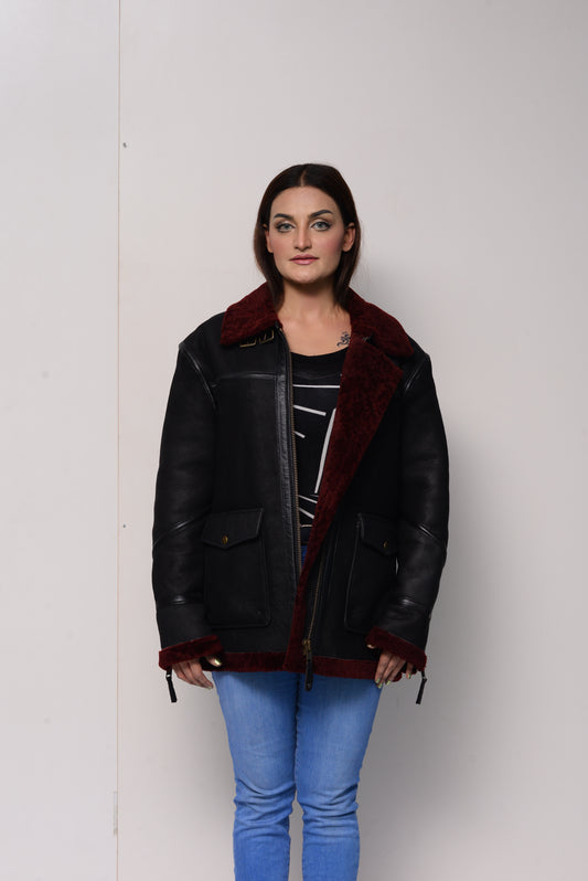 144 - Black & Maroon Shearling Bomber Jacket