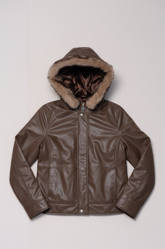 143 -  Hooded Leather Bomber Jacket