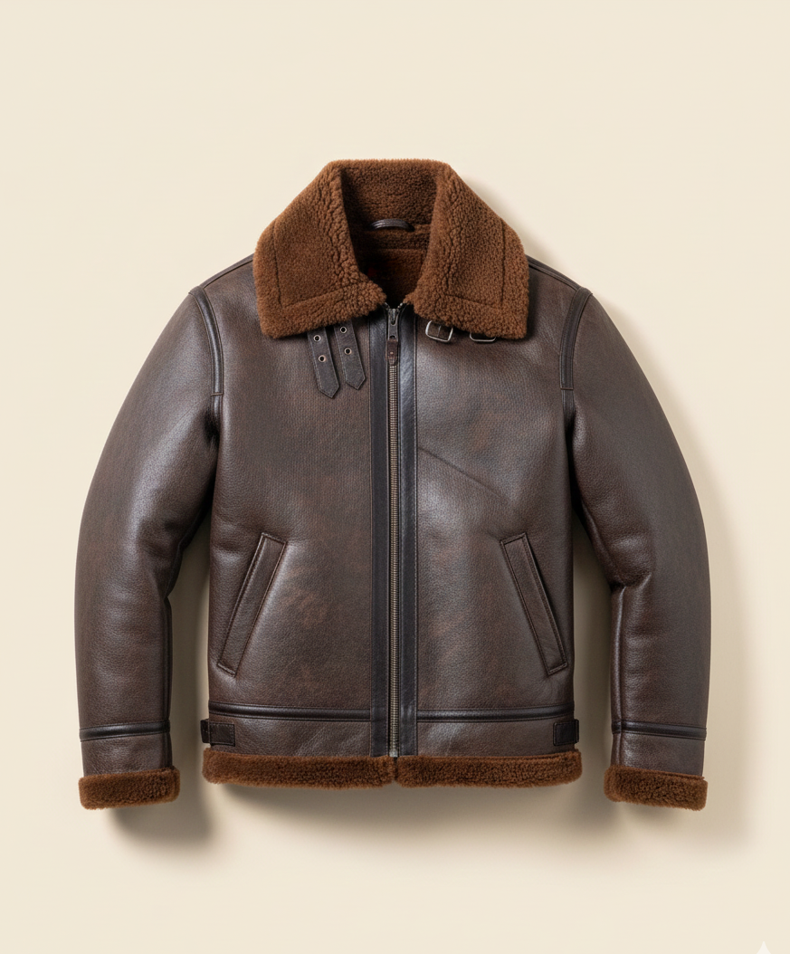 62 - Men’s Brown Shearling Leather Jacket – Aviator Style with Faux Fur Lining