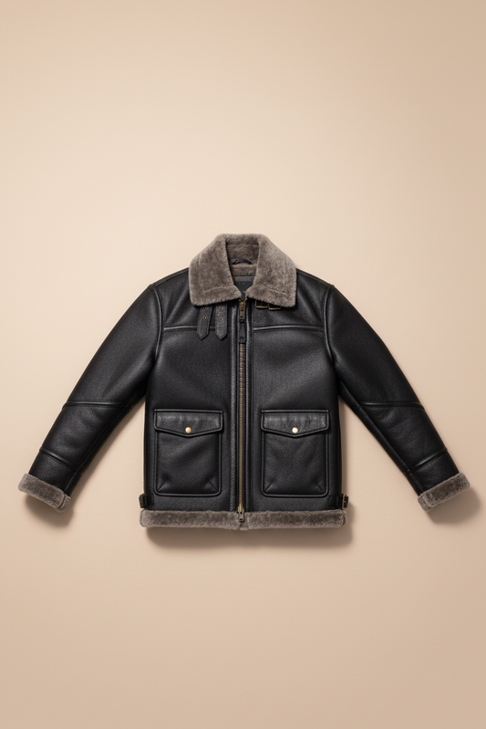 134 - Women's Black Shearling Aviator Jacket with Grey Fur Lining