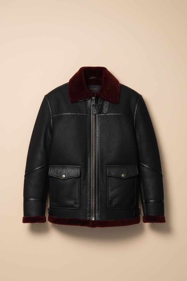 144 - Black & Maroon Shearling Bomber Jacket