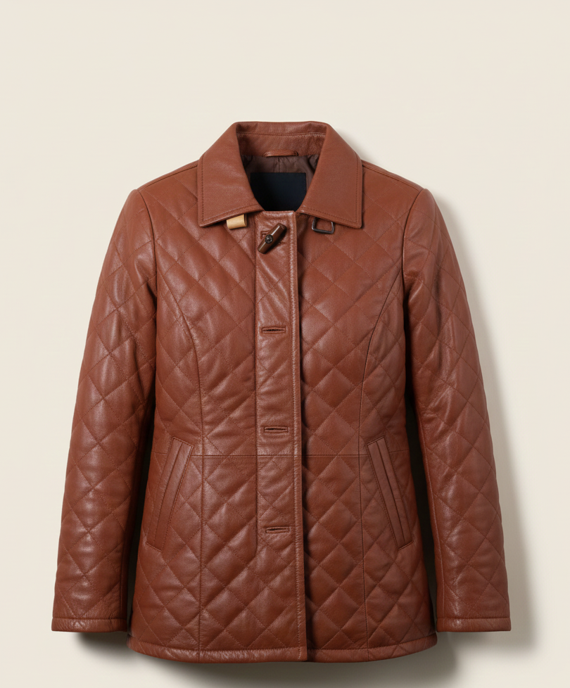 09 - Women’s Brown Quilted Leather Coat – Elegant Warmth
