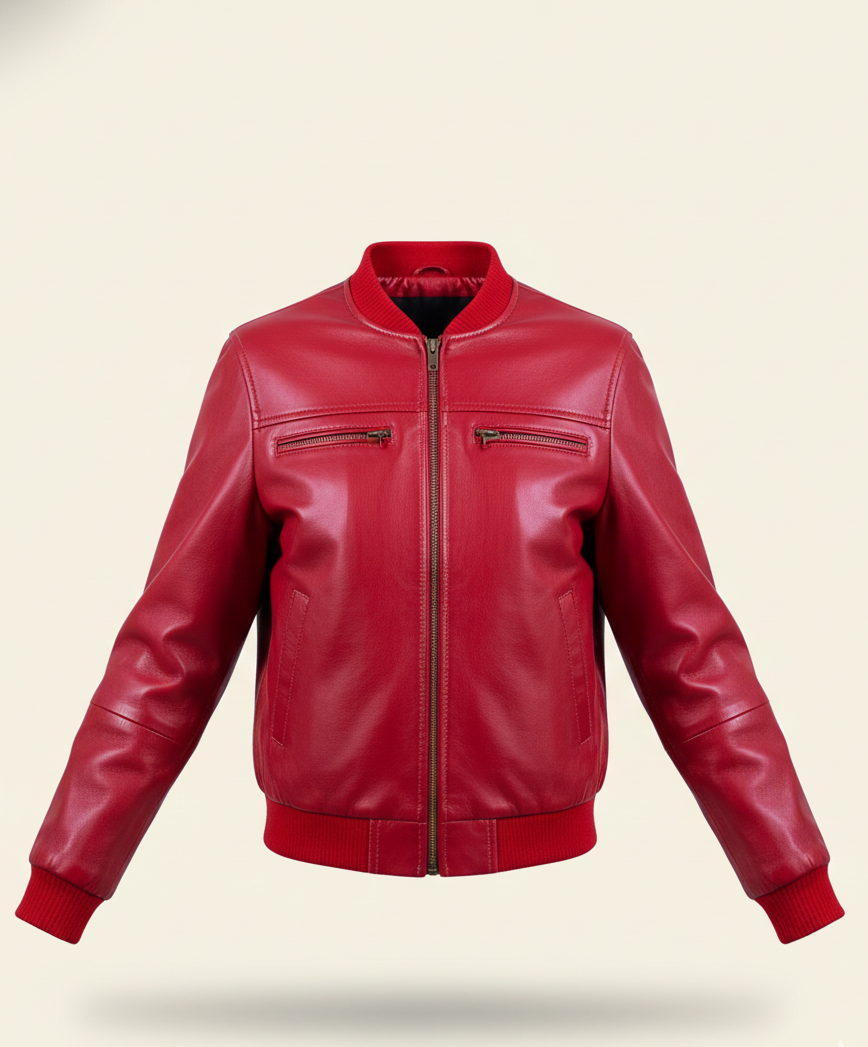 14 - Women’s Red Leather Bomber Jacket – Bold & Chic