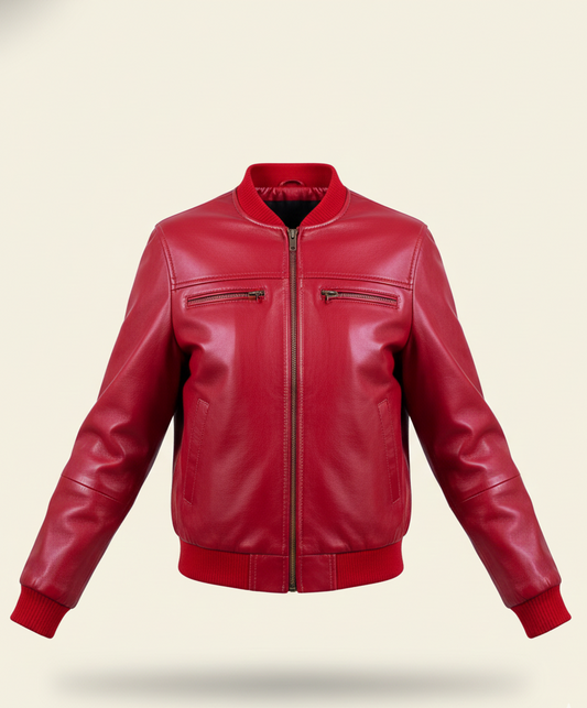 14 - Women’s Red Leather Bomber Jacket – Bold & Chic