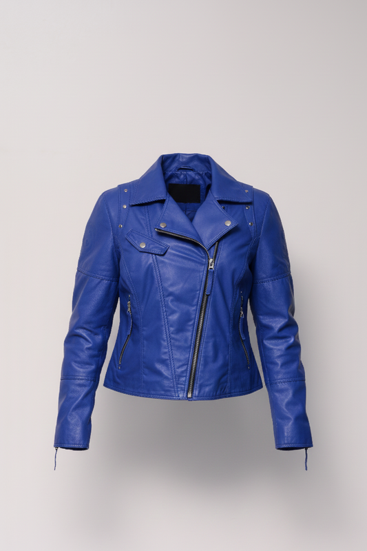 133 - Women's Royal Blue Faux Leather Biker Jacket – Bold & Edgy Style