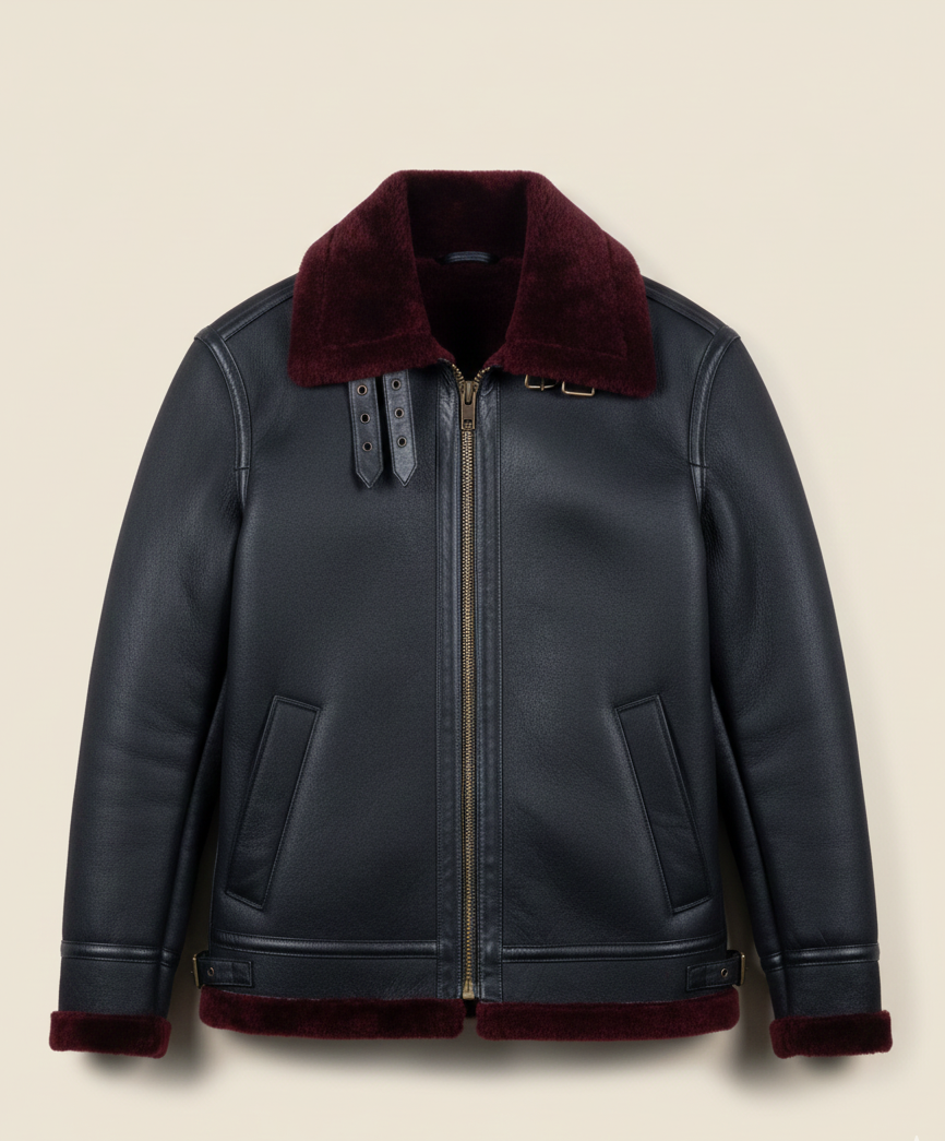06 - Crimson Collar Shearling Leather Jacket