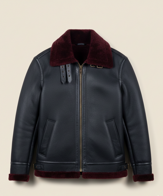 06 - Crimson Collar Shearling Leather Jacket