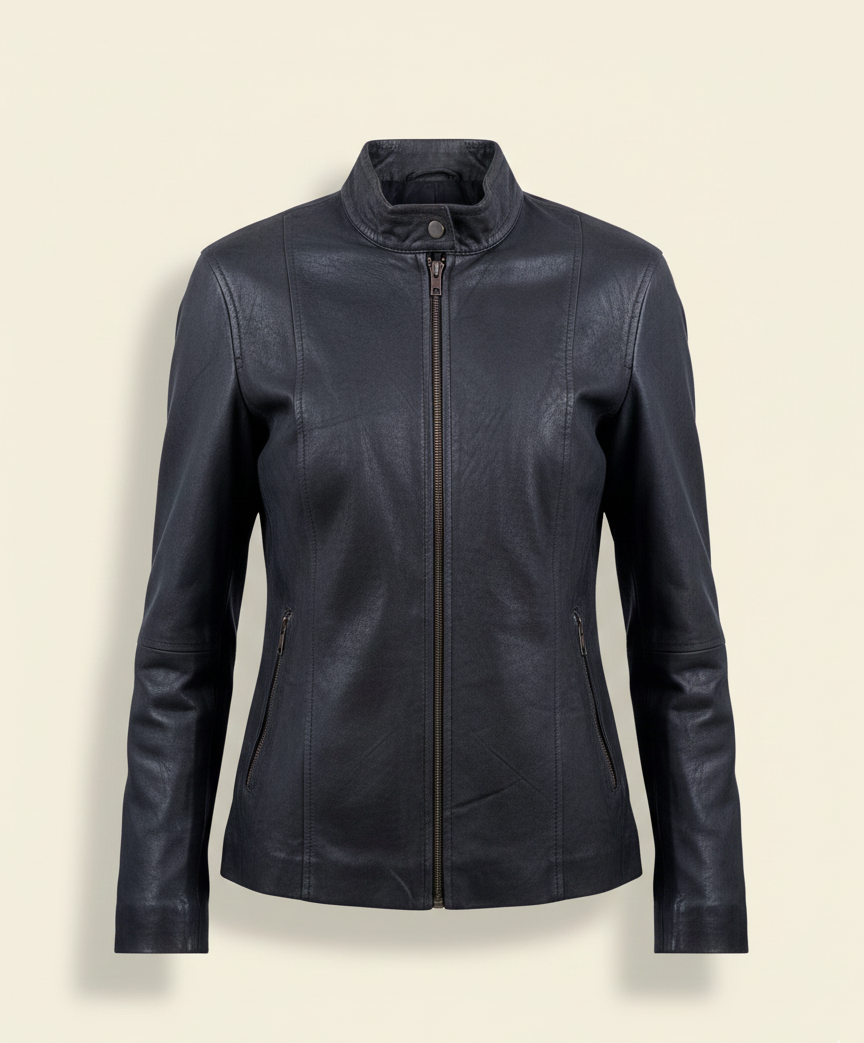 31 – Schwarze lange Lederjacke mit Reißverschluss für Damen – Minimalist Edge