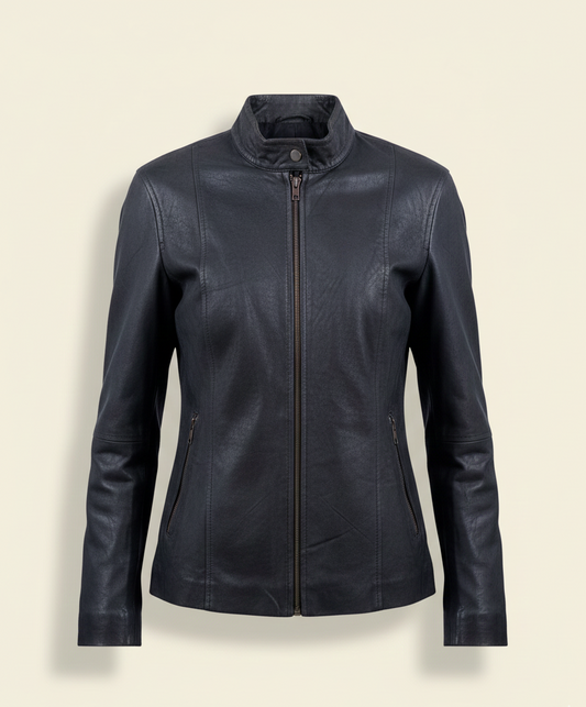 31 – Women’s Black Longline Zip-Up Leather Jacket – Minimalist Edge
