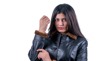 49 - Women’s Black Shearling Lined Leather Coat – Mid-Length Winter Jacket
