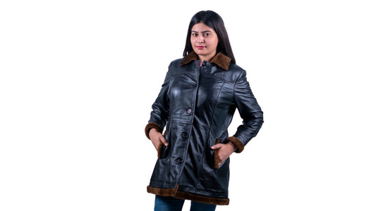 49 - Women’s Black Shearling Lined Leather Coat – Mid-Length Winter Jacket