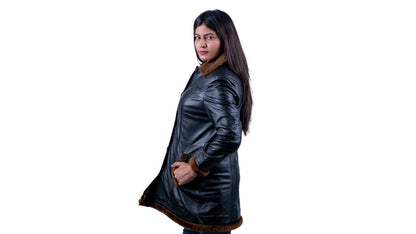 49 - Women’s Black Shearling Lined Leather Coat – Mid-Length Winter Jacket