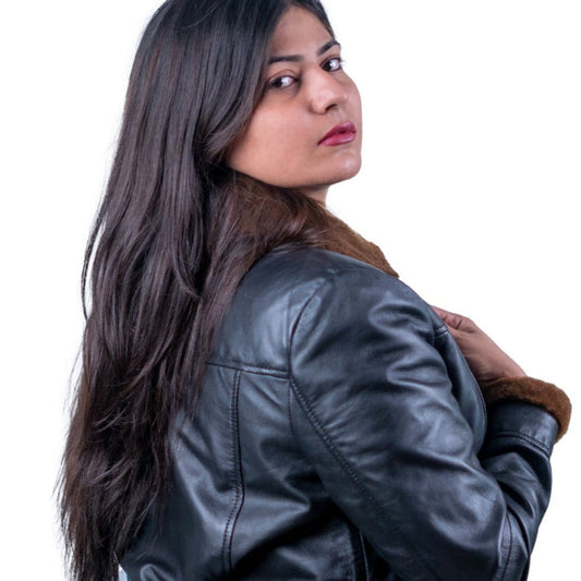 49 - Women’s Black Shearling Lined Leather Coat – Mid-Length Winter Jacket