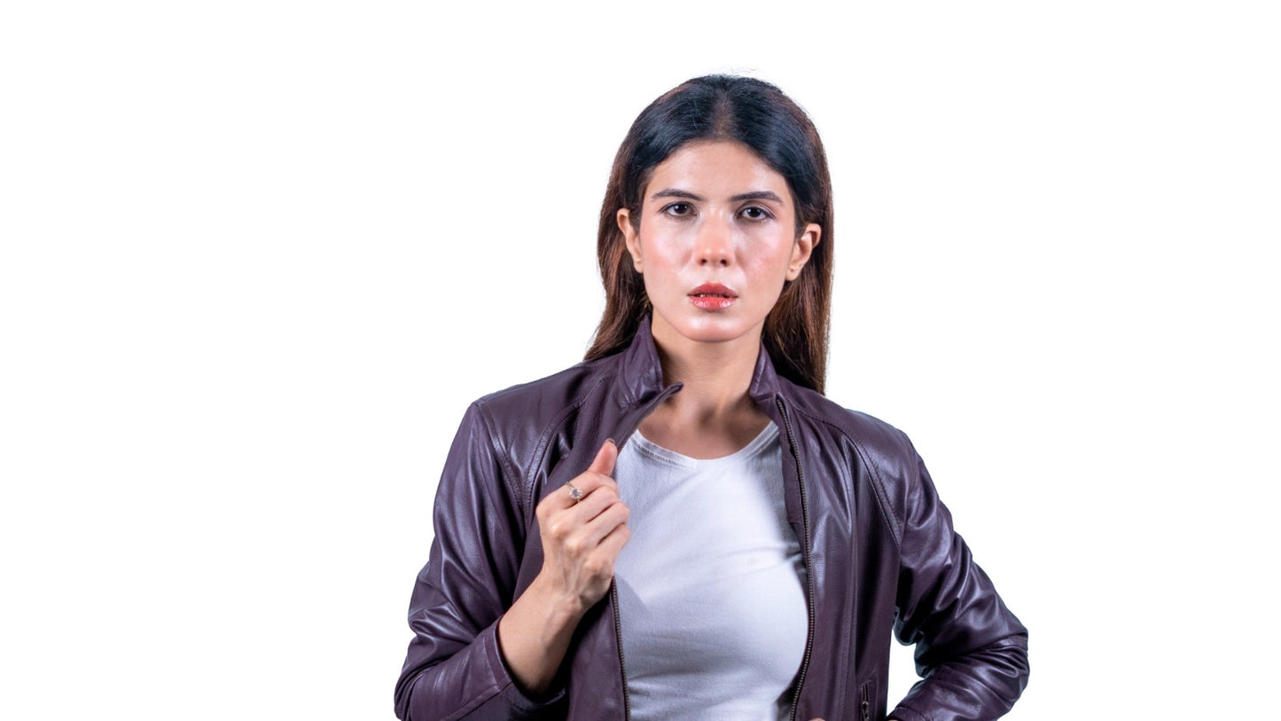 50 - Women’s Slim Fit Maroon Leather Jacket – Casual Moto Style