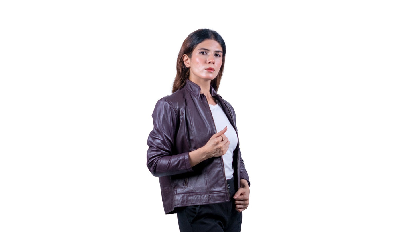 50 - Women’s Slim Fit Maroon Leather Jacket – Casual Moto Style