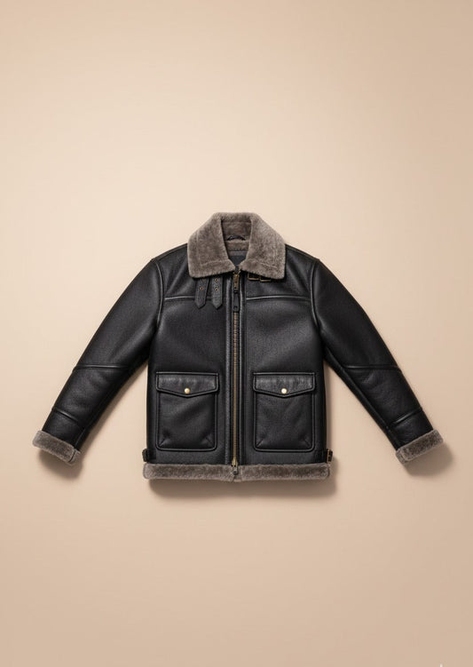 46 - Women’s Black Shearling Lined Aviator Leather Jacket – Vintage Warmth