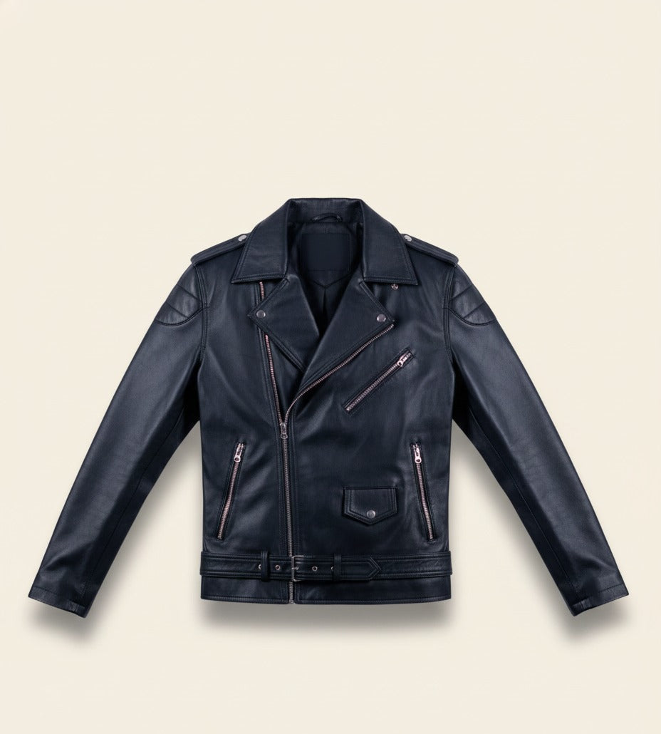 116 - Men’s Black Moto Biker Jacket – Asymmetrical Rebel Cut