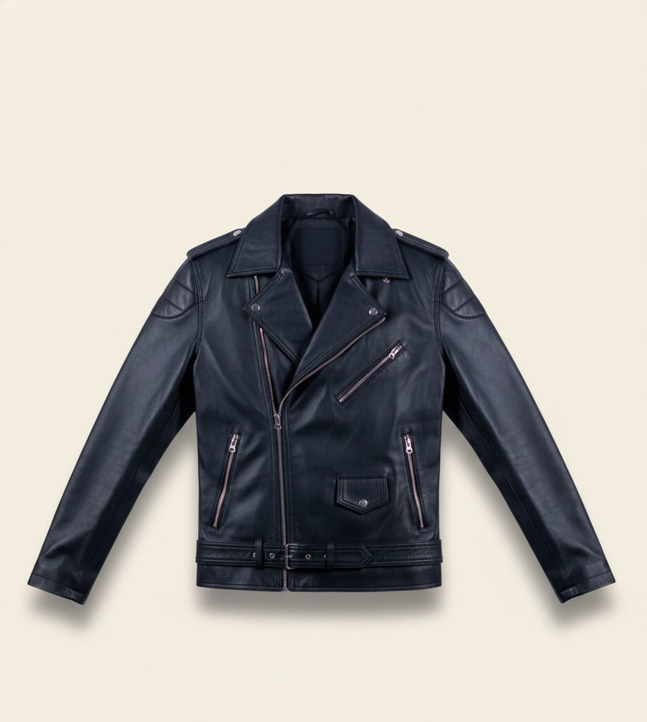 71 – Klassische schwarze Biker-Lederjacke – Asymmetrischer Reißverschluss und Gürtel