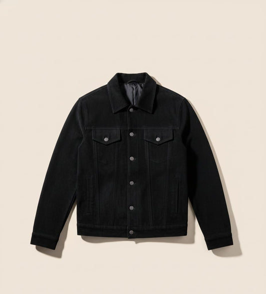 82 - Black Suede Button-Up Jacket – Trucker Style Edition