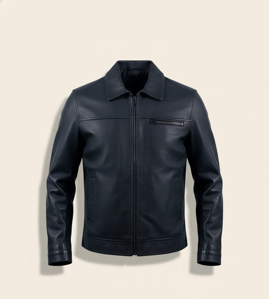 89 - Classic Black Leather Jacket – Single Chest Zip Pocket