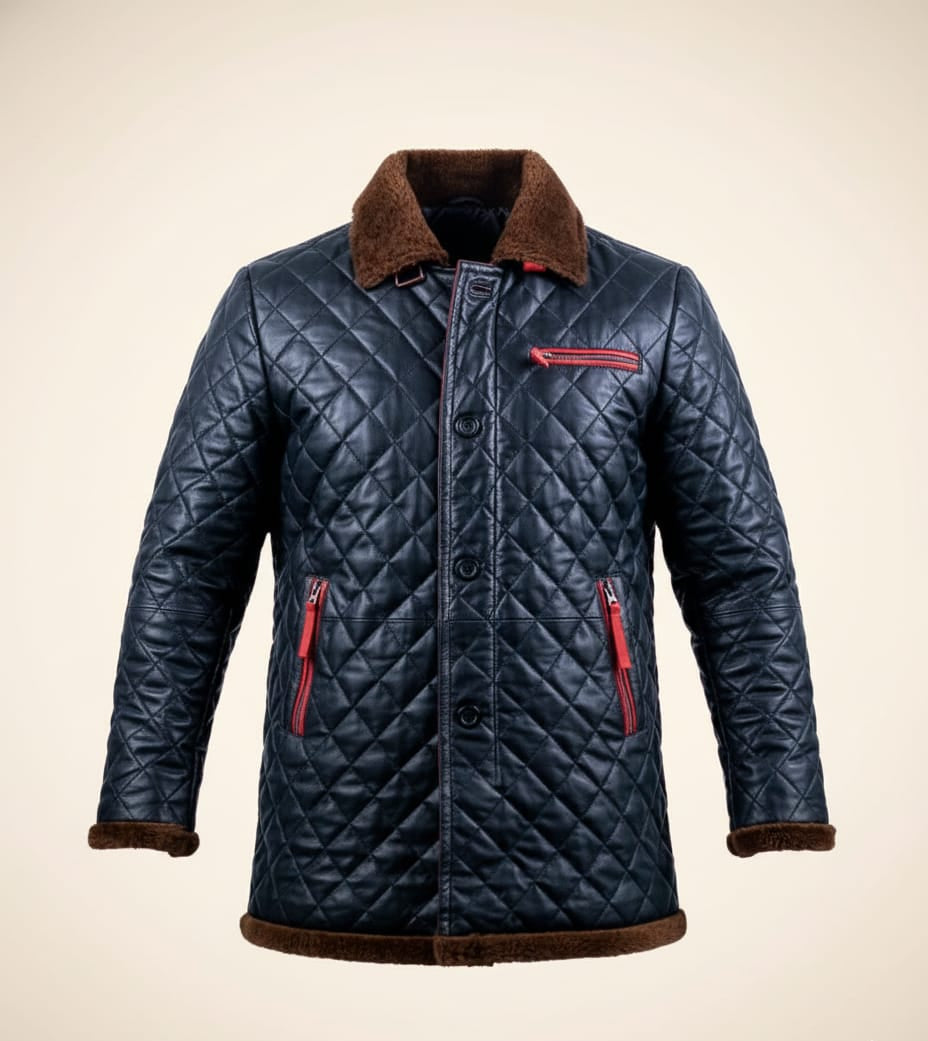 68 – Gesteppte lange Lederjacke – Schwarz mit roten Reißverschlüssen und braunem Pelzfutter