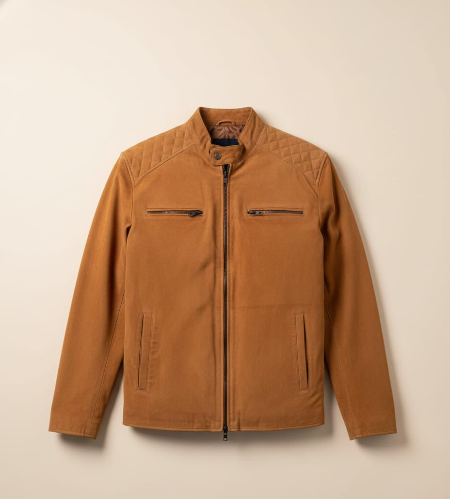 72 – Kamelbraune Wildleder-Motorradjacke – Gestepptes Schulterdesign