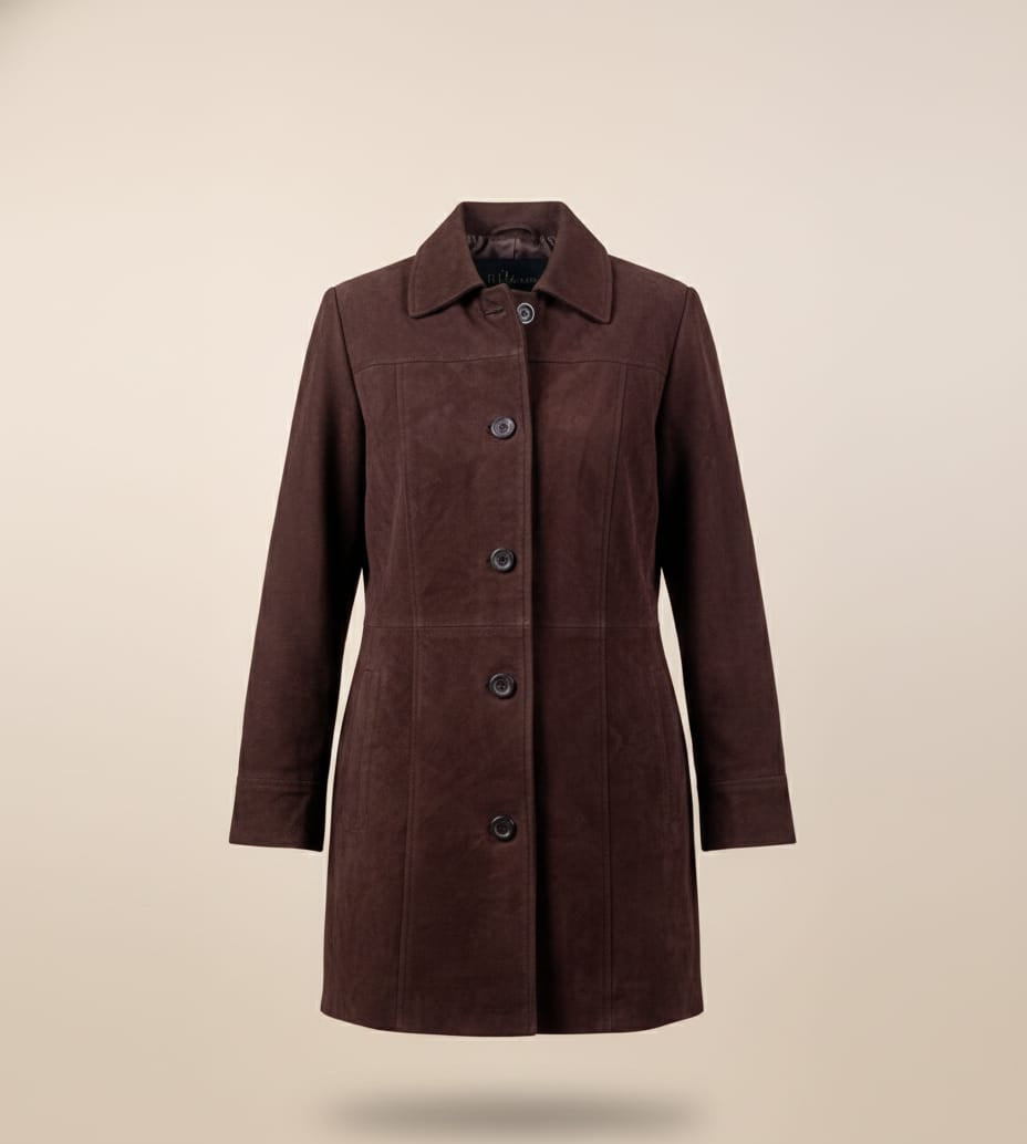 45 - Women’s Brown Suede Long Winter Coat – Soft & Sophisticated