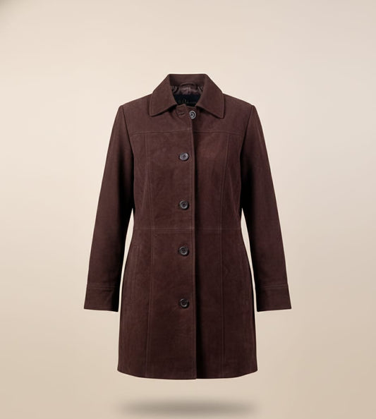 45 - Women’s Brown Suede Long Winter Coat – Soft & Sophisticated